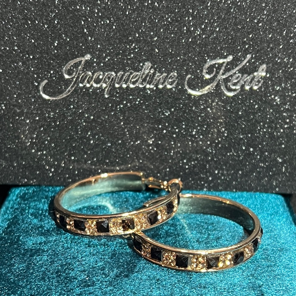 Jacqueline Kent Gold Hoop Earrings with Black and Clear Stones